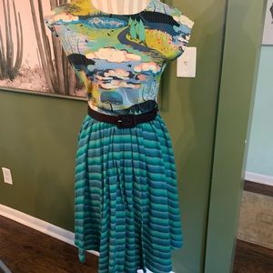 Mixed print A line dress with belt